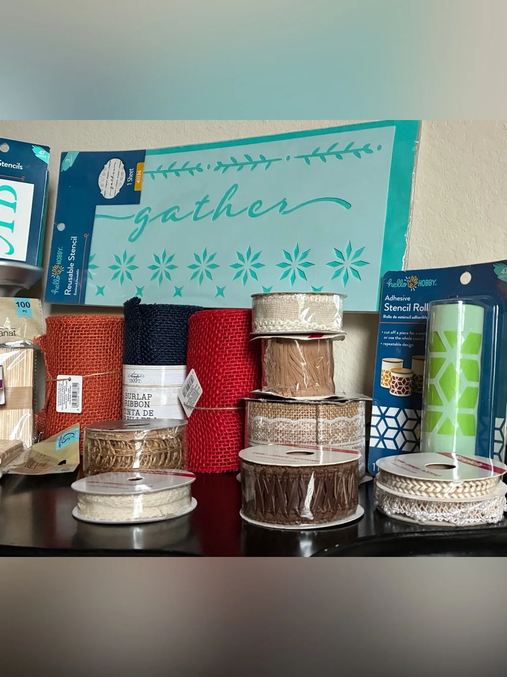 NWT Assorted Craft Bundle Set: Burlap/Ribbons/Stencils/Craft Sticks/Jingle Bells